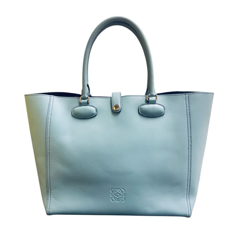 Loewe Leo Blue Leather Tote Bag With Pouch Auth